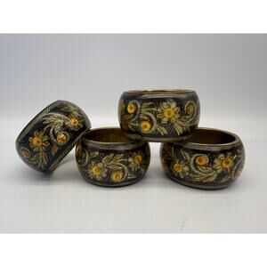 Floral Lucite & Brass Napkin Rings Holders / Set Of 4